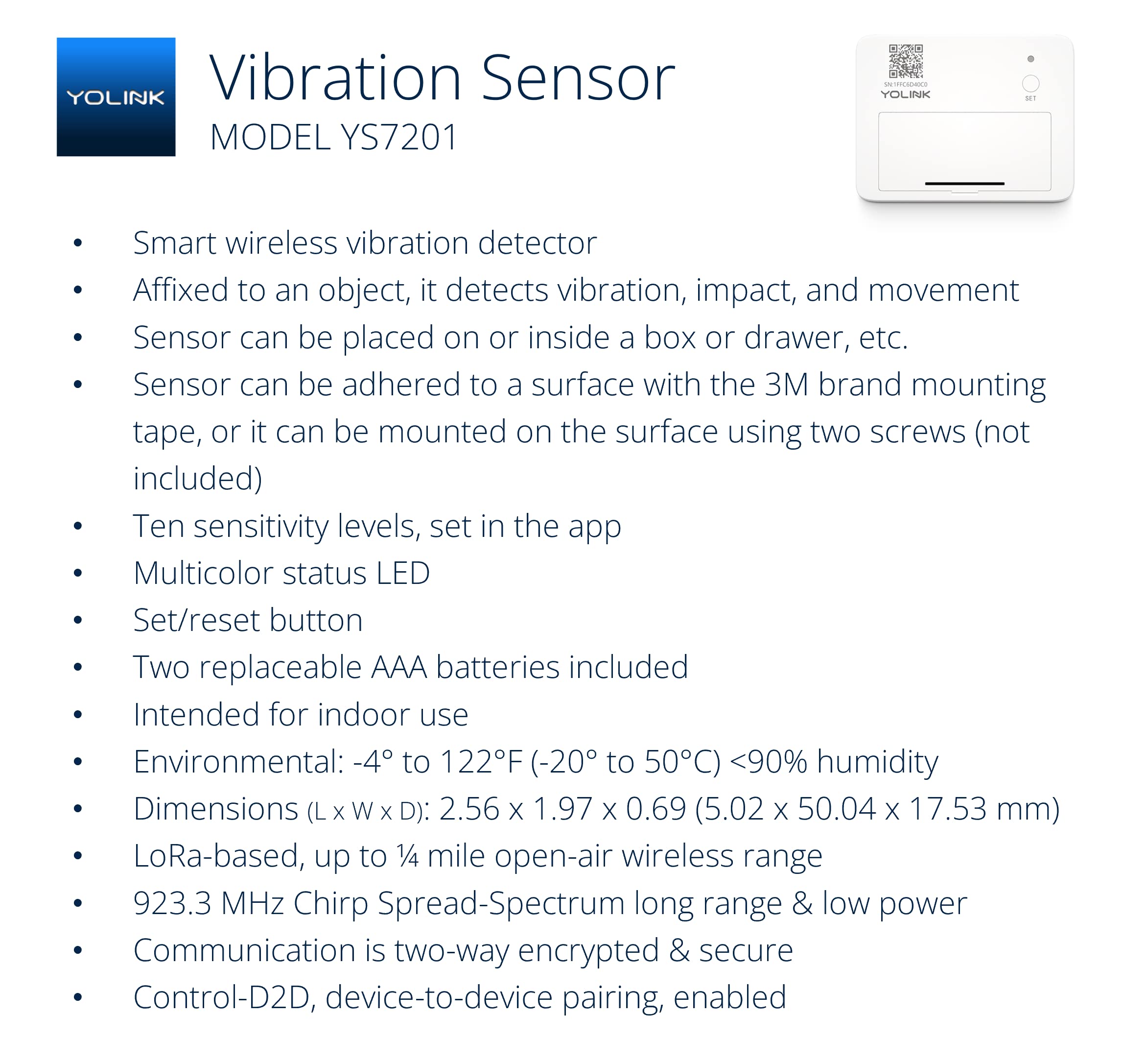 Yolink Lora Smart Vibration Sensor; Smart Shock, Glass Break, Tamper, Movement Detector, Generator Running, Email/Sms/Push Alerts, 1/4 Mile Open Air Range, Alexa, Hub Is Not Included